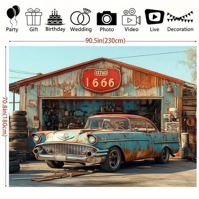 TEMU 1pc Backdrop With Rusted Cars & Tools - Rustic , Polyester Fabric, Car-themed Photography, Parties, , Garage Accessories Image