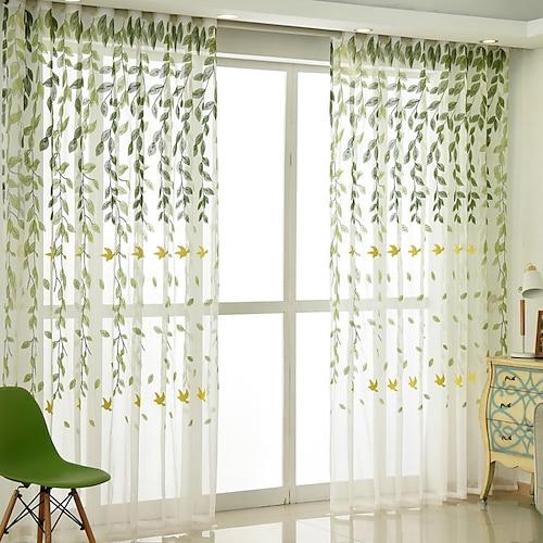 Lot de 2 rideaux semi-transparents brodés en feuilles de saule de style américain pour fenêtre, salon, chambre à coucher, salle à manger, bureau