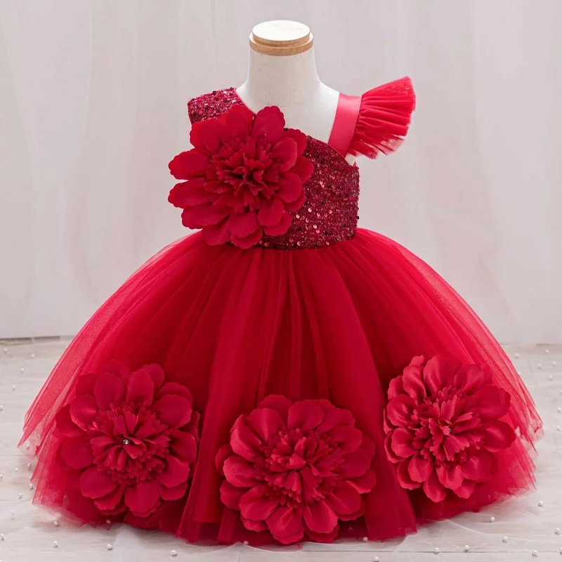 Baby Geburtstag Kleid Mädchen Blume Pailletten Prinzessin Kleid Süße One-Shoulder-Kleid Hochzeit Blumenmädchen Kleid Schönheit Wettbewerb Kleidung Image
