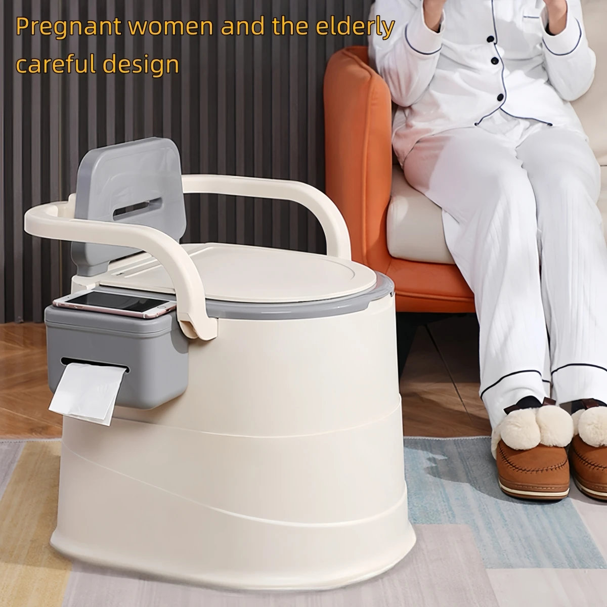 1-teilige tragbare Toilette in Grau/Rosa mit ergonomischer Rückenlehne und Deckel, geeignet für Camping, Outdoor-Aktivitäten, Badezimmer, Schlafzimmer, Balkon, Wandern, Reisen, schwangere Frauen, Image