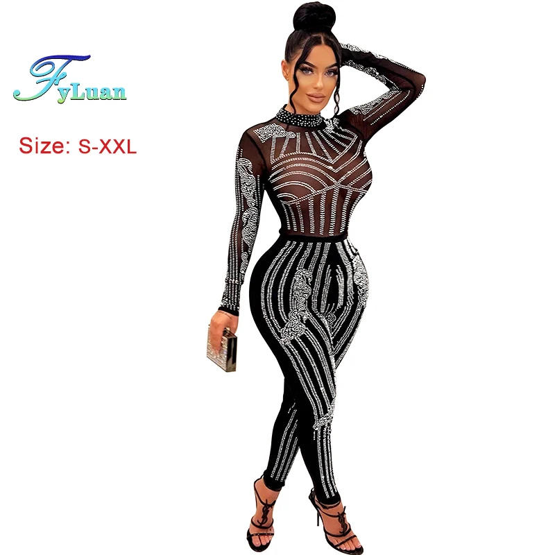 2025, zarte Damen-Overalls, eng anliegend, langärmelig, Netz-Perspektive, Hosen-Sets, O-Ausschnitt, heiße Strasssteine, Club-Casual-Overalls Image