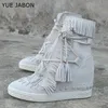 Winter Komfortable Weiß Beige Schwarz Schuhe Frauen Knöchel Fringe Stiefel Keil Heels Dame Kuh Leder