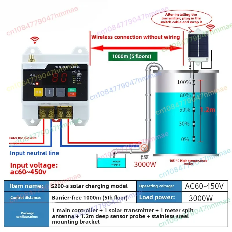 Kabelloser Fernbedienungs-Wasserstandsregler für Wasserpumpen und Wassertürme 220V Flüssigkeitsstands-Fernsteuerung mit Schwimmersensor-Schalter Image