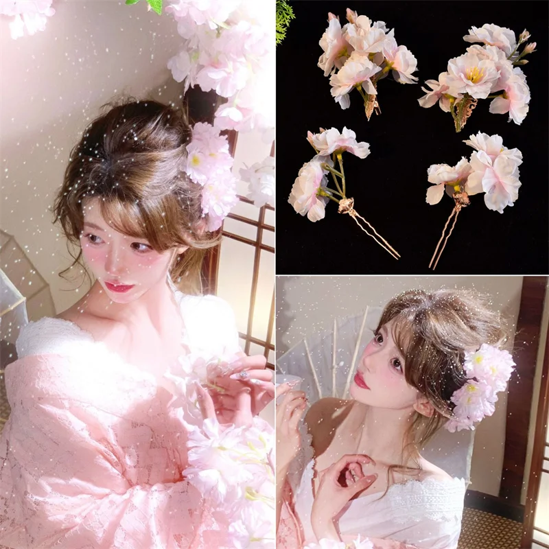 Rosa Kirschblütenmädchen Hanfu Kopfbedeckung, Blumenhaarnadel, geflochtenes Haarschmuck im antiken Stil Image
