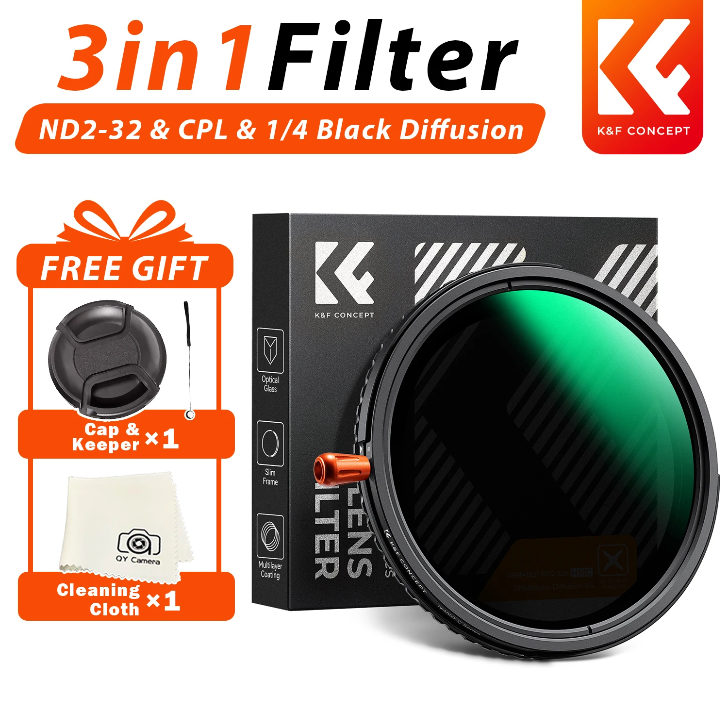 K&F Concept 3in1 Filter ND CPL 1/4 Schwarzer Diffusionsfilter ND2-ND32 1/4 Black Mist Pro Filter Multifunktionsfilter 67 mm 37–82 mm Image