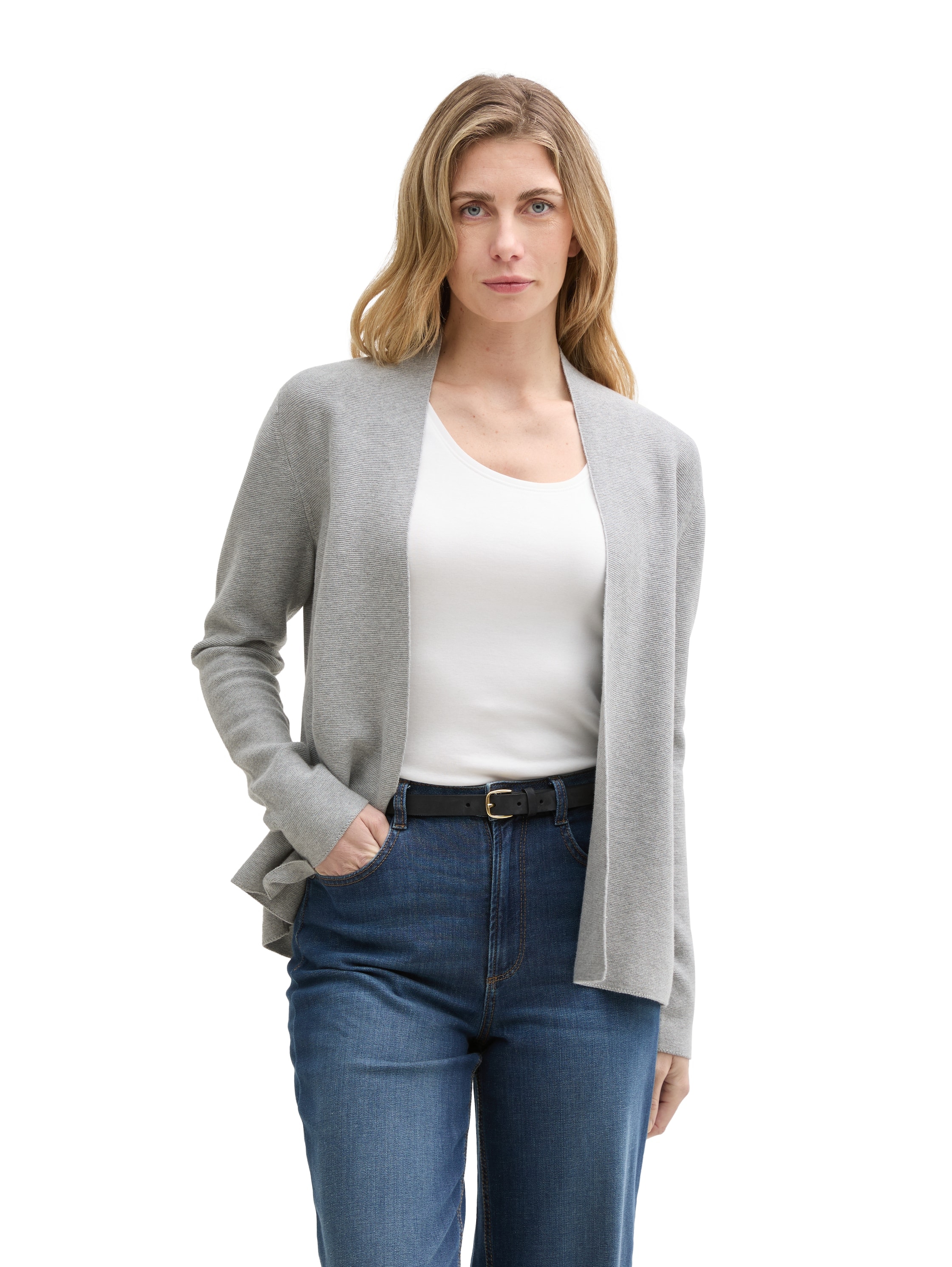 Cardigan TOM TAILOR, Damen, Gr. L (40), silber (silber grau melange), Strick, Obermaterial: 100% Baumwolle, meliert, figurumspielend hüftlang, Strickjacken, mit feiner Struktur