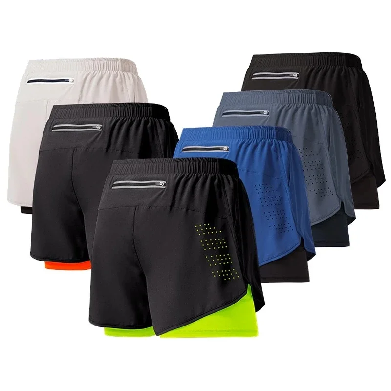Männer Laufshorts Schnell trocknend Fitness Schwarz Doppel Schicht Shorts Männer Neue Sport Workout Training Bodybuilding Kurze Hosen Image