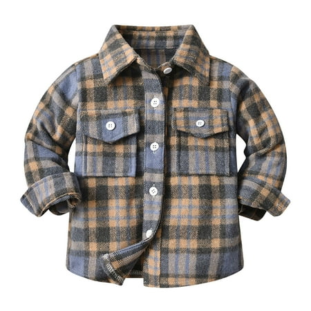 Youmylove Kids Tees Boys T-Shirt Toddler Boys Girls Plaid Shirt Jacket Long Sleeve Lapel Button Down Pocket Shirts Casual Coat Versatile Tees Shirt For 18-24 Months