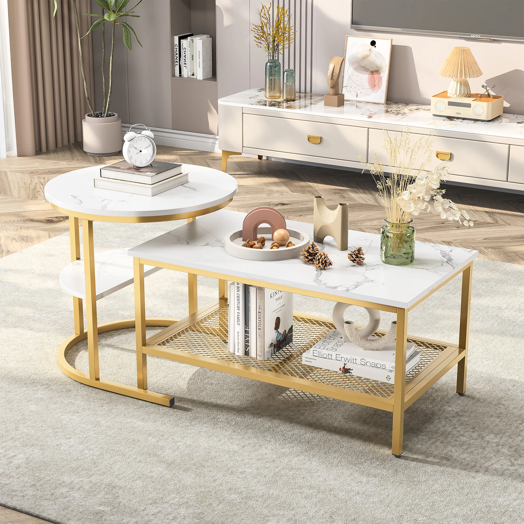 Ensemble de 2 tables basses modernes, table basse effet marbre, table de salon avec cadre en métal, table de salon, table de chambre à coucher