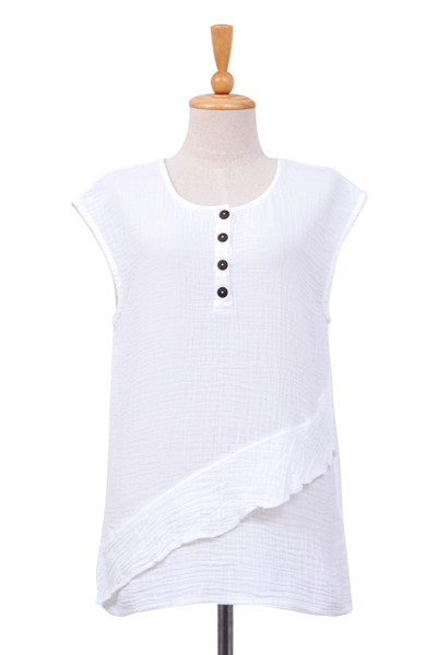 Fresh Air in White,'White Double Cotton Gauze Sleeveless Blouse'