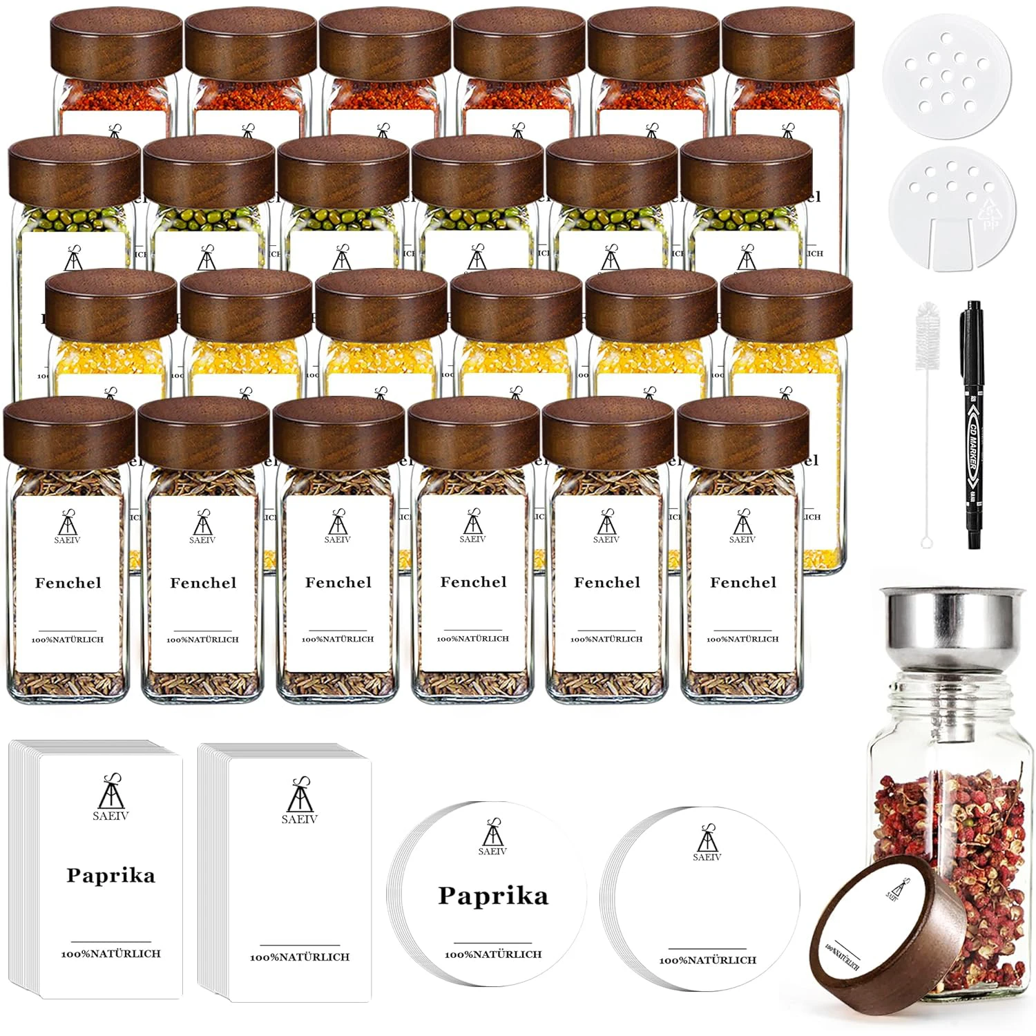 SAEIV 12/24/35 pots à épices avec couvercles en bois d'acacia, récipients en verre Transparent de 120ml avec étiquettes à épices, bouteilles à épices de cuisine