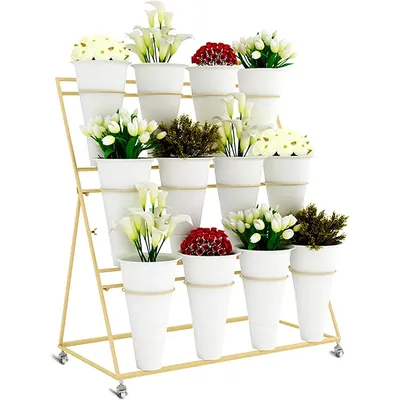 3 Tier Metal Flower Display Stand Frame with 12pcs Buckets, Flower Plant Cart Display Stand with