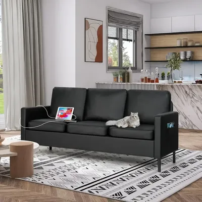 72" W Faux Leather Black Sofa 3 Seat Couch, Modern Comfy Couch with 2 USB, Small Couches for Living