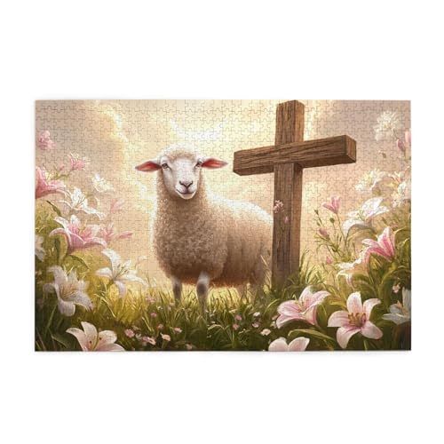 Cafemira Sheep and Cross,puzzle for adults 1000 pcs,Classic Holiday wooden Jigsaw,for home decoration,Pieces Fit Together Perfectly,Relieve stress and enjoy the fun of solving puzzles,