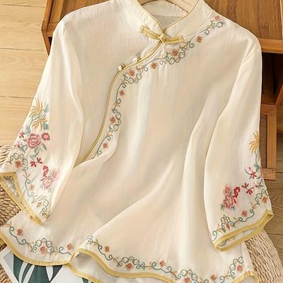 TEMU Elegant Vintage-inspired Linen Blouse With Floral Embroidery, Three-quarter Sleeve, And Stand Collar For Women - Spring/summer/fall, Floral Pattern, Linen Image