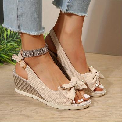 TEMU Women' Open-toe Wedge Sandals With Bowknot Detail - Beige Ribbed Fabric, Ankle Strap, Rubber Sole, Comfortable Summer Platform Shoes, Embellished Sandal | Cover Insole, Ladies Sandals Image