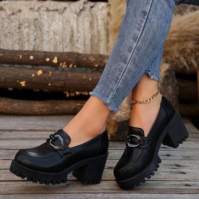 TEMU Women's Loafers With Thick Heels And Sequin Design, Simple And Versatile Single Shoes Image