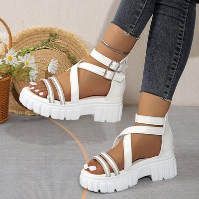 TEMU Women' White Platform Sandals With Straps - Pu Upper, Rubber Sole, Footwear, Ideal For Casual And Outdoor Wear, Casual Footwear | Strappy Sandals | Closure Image
