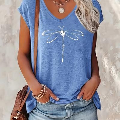 TEMU Women's Casual V-neck Short Sleeve T-shirt - Loose Fit, Breathable Polyester Blend With Print, Light Blue, Summer Outfits, Short Sleeve Blouses Image