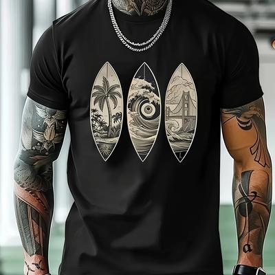 TEMU Men' Blue Short Sleeve Crew Neck T-shirt With Tropical Surf & Palm - Casual Summer Tee For Casual Attire Image