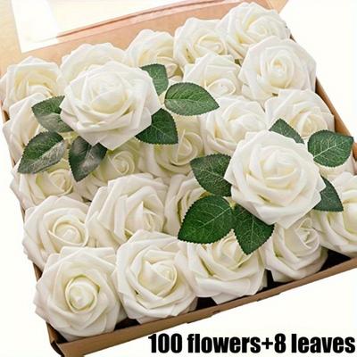 TEMU 100pcs Delicate Artificial Roses, With Stems, Foam Fake Roses, , Suitable For Diy Wedding Bouquet Centerpieces, Floral Decorations, Bridal Party Home Decor Image