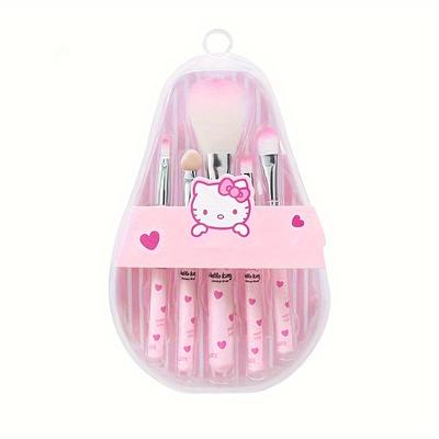 TEMU 5pcs For Hello Kitty Makeup Brush Set, Polyester Bristle, Unscented, With Blush, Eyebrow, Lip, Eyeshadow Brush, Anime Gift Box, For Normal Skin, 2024 New Image