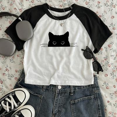 TEMU Summer New Simple Casual Solid Color Splicing With Rotator Sleeve Round Neck Short Cute Cat Print Base Women's T-shirt Image