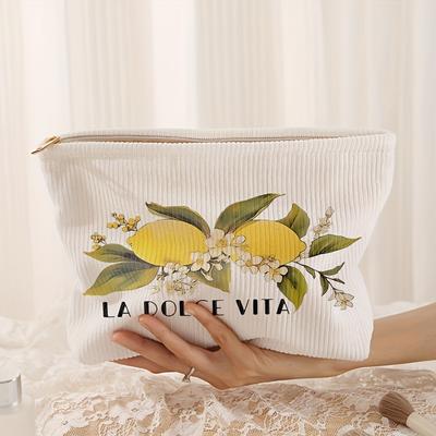 TEMU 2 Lemon Patterned Printed Corduroy Makeup Bags - Lightweight Zipper Lined Makeup Bag, Multifunctional Makeup Storage, Suitable For Toiletries And Accessories, Suitable For Men And Women. Image