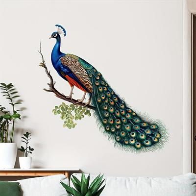 TEMU Vibrant Peacock Wall Decal - Removable Self-adhesive Pvc Sticker With Intricate , Living Room, Bedroom, Or Entryway Decor, Peacock Decor Image