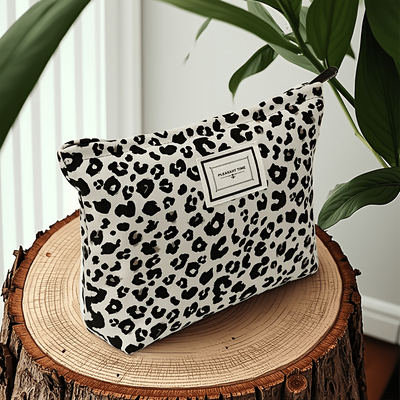 "TEMU Large Capacity Leopard Print Canvas Makeup Bag - Stylish Zipper Pouch With "" Design, Women's Travel Essentials & Cosmetics, Daily Use & Travel-friendly, Makeup Travel Ba" Image