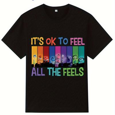 "TEMU Licensed Inside Out Cotton Crew Neck Short Sleeve T-shirt - Unisex Graphic Tee With " Okay To Feel All The " Design, Hiking, Casual Wear, And Gifts For Fans & Teens" Image
