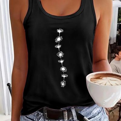 TEMU Women's Casual Sleeveless Vest With Cartoon Daisy Print - Vibrant , Medium Stretch Round Neck, Machine Washable Layering Piece For Work Or Casual Attire, Nontransparent Fabric Image