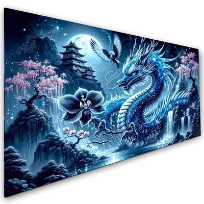 TEMU 1pc Fantasy Dragon Waterfall Landscape Flowers-animal Art 5d Diamond Painting Kit - Diy Round Acrylic Mosaic Craft For Home Decor 80x40cm Image