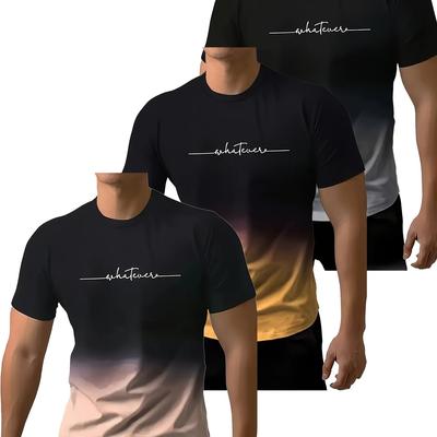 TEMU 3 Men's Gradient T-shirts, Quick-dry Letter 3d Digital Printed Sports T-shirts, Sporty Style, Breathable Short-sleeve Tops. Image