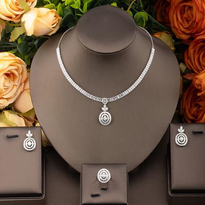 TEMU 1pc Luxury 18k Golden Plated Copper Jewelry Set, Synthetic Cubic Zirconia, , Includes Necklace, Earrings, And Ring, For Women, Wedding And Banquet Image