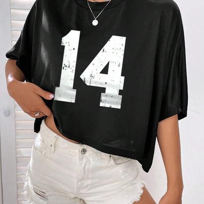 TEMU Y2k Crew Neck T-shirt With Geometric Number 14 Print - Polyester Knit Fabric, Short Sleeve Applique Top For All , Short Length Style - Asian Collection Image