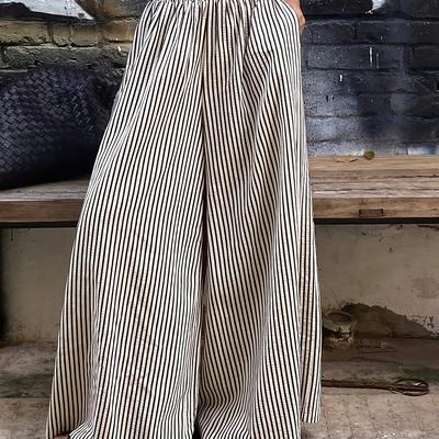 TEMU Women's High-waisted Wide-leg Pants With Elastic Waistband - Black & White Vertical Stripes, Machine-washable Polyester, Loose Fit, Pockets, For Casual & Formal Wear Image
