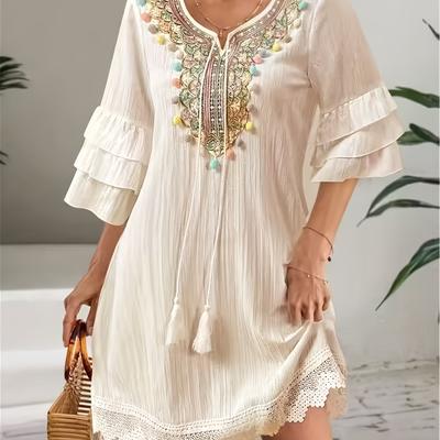 TEMU Elegant V-neck A-line Dress With Colorful Embroidered Beaded Details, Fringe Sleeves, And Tassel Hem - 100% Polyester, Lightweight 120g/m², Spring, Summer, And Fall - Women’s Fashion Image