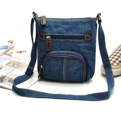 TEMU Vintage Style Nylon Crossbody Bag For Women, Solid Color Blue Shoulder Handbag With Adjustable Strap, Casual Zippered Tote For Shopping And Travel, Small Crossbody Ba Image