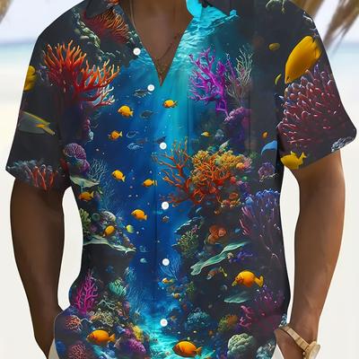 TEMU Men's Tropical Hawaiian Shirt - Vibrant Underwater Print, Casual Lapel Collar, Short Sleeve, Loose Fit, Polyester Blend, Summer Beach Outing Image