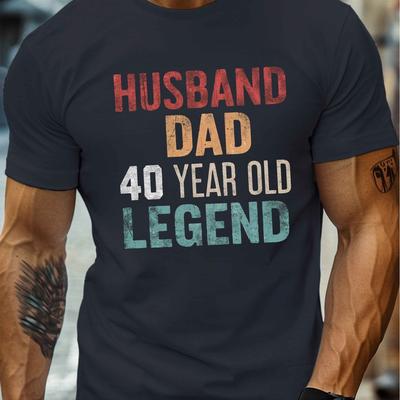 "TEMU Men's Casual Crew Neck Short Sleeve T-shirt - "husband Dad 40 Year " Distressed Print, Lightweight Summer Tee, White With Gradient Design, Comfortable Polyester Fabric For Casual Attire" Image