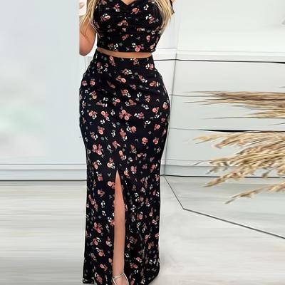 TEMU Women's Floral Set With Short Top And High-waisted Slit Skirt Image
