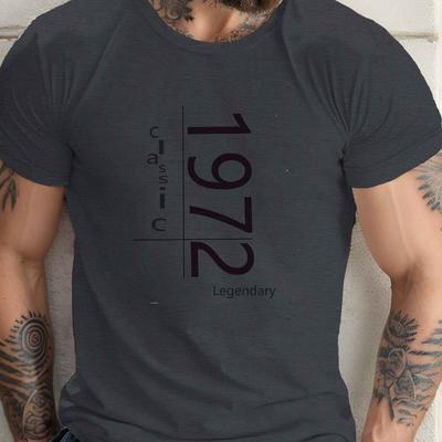 TEMU Men's Plus Size Casual T-shirt, 1972 Geometric Print, Crew Neck, Short Sleeve, Polyester Knit Fabric, Stretch, Summer Top For Big & Tall Guys - 150gsm Image