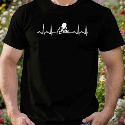 TEMU Men' Ekg Welding Graphic T-shirt - Casual Short Sleeve, 100% Polyester, Machine Washable, Summer Top With Round Neck Image