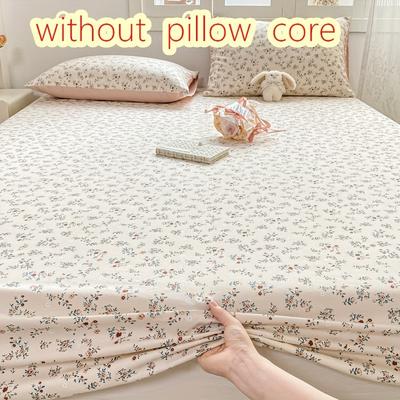 TEMU Hypoallergenic Floral Fitted Sheet Set With Pillowcases, Machine Washable, Active Printing Polyester, Slip-resistant Mattress Cover, Washed , 100g Fabric Weight, Deep Pocket 30-34cm Image