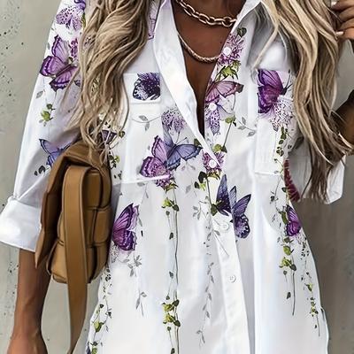 TEMU Plus Size Print Button Front Shirt, Casual Long Sleeve Shirt For Spring, Women's Plus Size Clothing Image