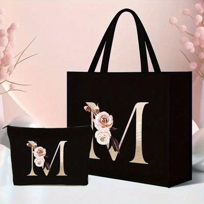 TEMU 2pcs Flower Letter Pattern Tote Bag Set - Lightweight Burlap With Adorable Coin Purse - Shopping, Travel & Beach - & Versatile Image