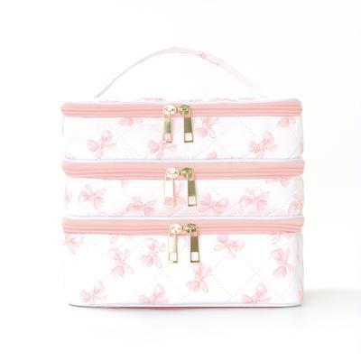 TEMU A Stylish Three-layer Makeup Organizer Bag With A Bow Print, Travel, Dorms, And Home Storage. This Multifunctional Portable Toiletry Bag Makes A Great Holiday Gift And Is Essential For Any Trip. Image