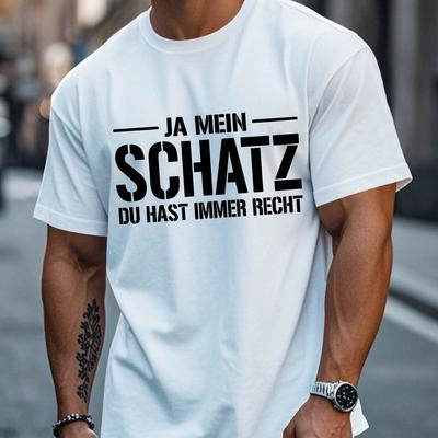 TEMU German Men's Short Sleeve T-shirt - Black Geometric Summer Top, Breathable Round Neck Tee, Machine Washable Regular Fit, Streetwear Fashion, Text Design, Summer Material Image
