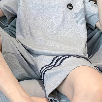 TEMU Men' Casual Comfortable T-shirt And Shorts Set, Creative Geometric Pattern Crew Neck Short Sleeve Tee And Loose Shorts Pajama Set, Summer Outdoor Wear Image